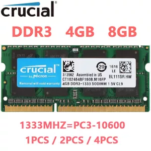CRUCIAL DDR3 4GB 8GB 16GB 32GB 1333 PC3-10600 Laptop SODIMM 204-Pin Memory RAM - Picture 1 of 16