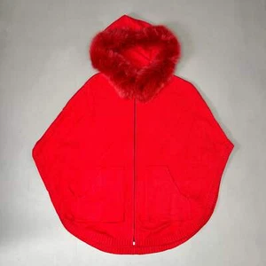 MITCHIES Knit Zip up Poncho w/ Fur Trimmed Hood Womens Sz OS Red POYU17 - Picture 1 of 11