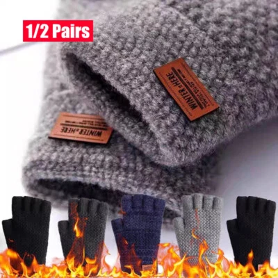 2 Pair Alpaca Wool Fingerless Gloves Thermal Mens Knitted Half Finger Mittens UK
