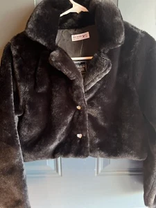 NWT Girls Black Faux Fur Coat Rhinestone Heart Buttons Sz16 Formal Super Soft - Picture 1 of 8