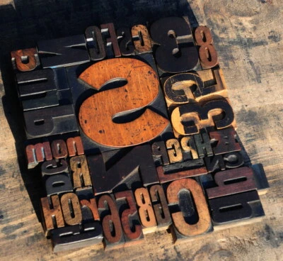 Unique Collage composition letterpress wood type characters printing old rare -- - Image 1 of 4