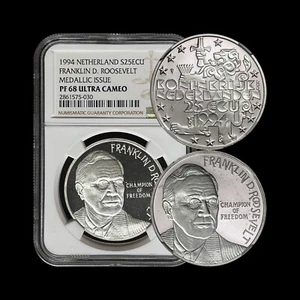 NETHERLANDS. 1994, 25 ECU, Silver - NGC PF68 - Top Pop 🥇 Roosevelt, FDR - Picture 1 of 7