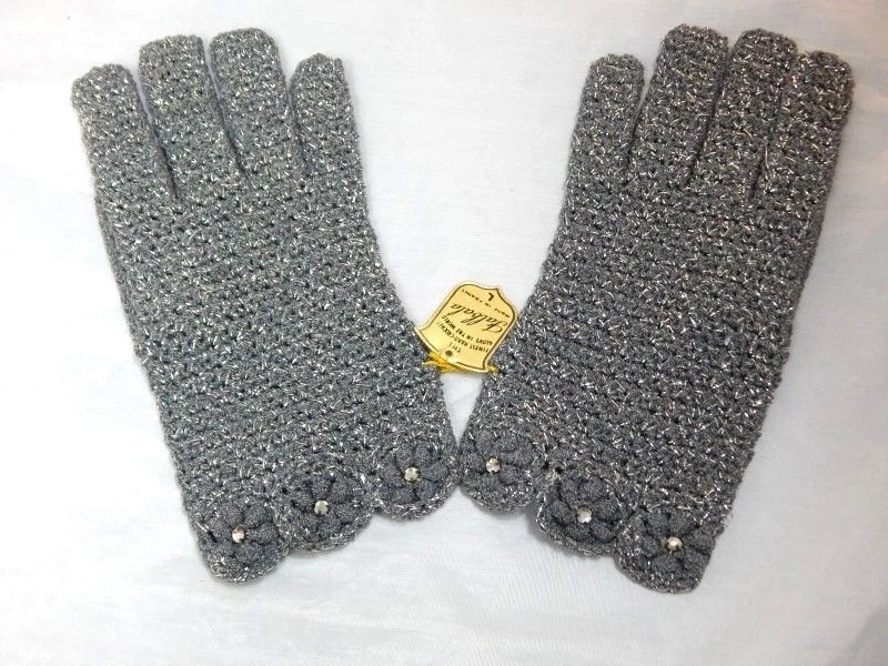 Guantes Falbala Ganchillo a Mano Hechos en Francia Gris Metálico Estrás Años 50 De Colección M Foto 1 de 4