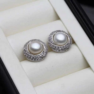 Designer White Freshwater Pearl & Simulated Diamond Round Stud Earrings - Picture 1 of 6