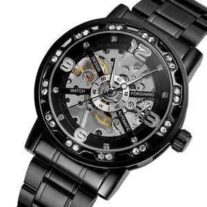 Reloj de vestir negro de lujo para hombre esqueleto con cuerda manual deportivo estuche de cristal punk para hombre - Imagen 1 de 6
