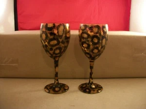 Set of 2 Hand Painted Leopard Cheetah Animal Print Water/Wine Goblets Glasses - Picture 1 of 6