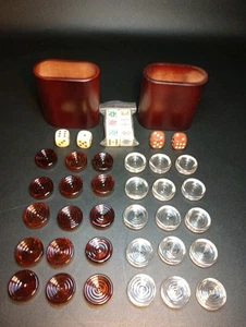 Vintage Amber & Clear Glass Checker Backgammon Set Complete Dice Cups Poker Dice - Picture 1 of 14