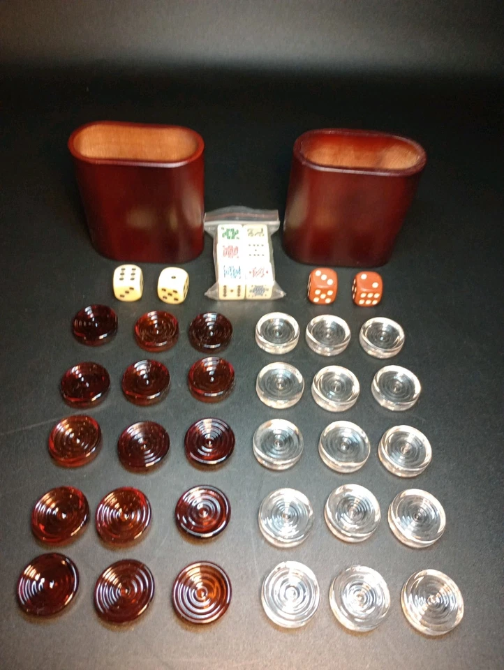 Vintage Amber & Clear Glass Checker Backgammon Set Complete Dice Cups Poker Dice - Image 1 of 4