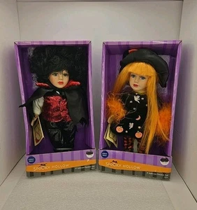 2 Vintage 9" Halloween Porcelain Dolls Collectible Spooky Hollow Witch & Dracula - Picture 1 of 17