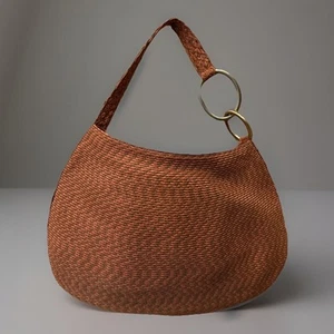 Eric Javits Squishee Hobo Bag Raffia Straw Salmon Gold O-Ring Zip Vacation Tote - Picture 1 of 10