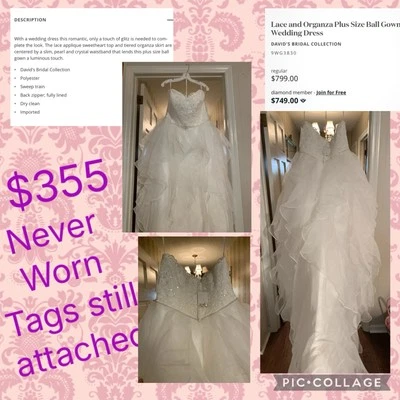 Vestido de novia $355. Nunca usado - Etiquetas aún adjuntas - ¡Incluye bolsa de vestir! Foto 1 de 4