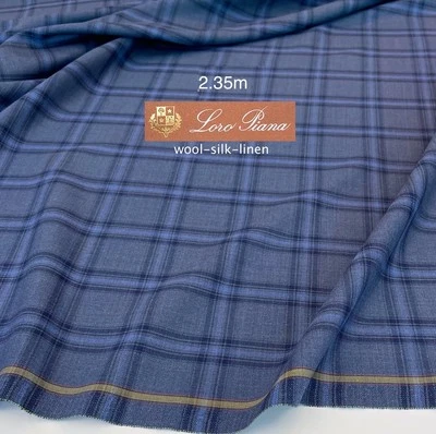 LORO PIANA NAVY Blue Plaid Fabric Wool Linen Silk Tartan Jacketing 2.35m - Image 1 of 4