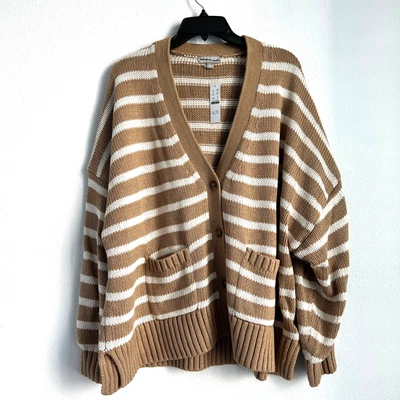 J Crew Heritage Cotton Relaxed Cardigan In Stripe Womens 3X Tan Brown - Image 1 of 4