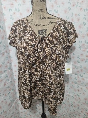 EMMA JAMES, НОВАЯ ЖЕНСКАЯ КОРИЧНЕВО-КОРИЧНЕВАЯ ХЛОПКОВАЯ БЛУЗКА С КОРОТКИМИ РУКАВАМИ GEO, РАЗМЕР 22W - Изображение 1 из 4