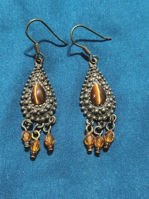 Retro Tigers Eye Earrings Brushed Bronze Dangle Drop Hook - Image 1 of 2