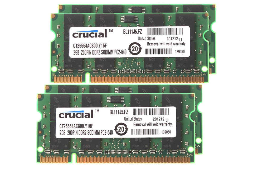 Crucial 8GB 4X 2GB 2RX8 PC2-6400 DDR2 800Mhz 200pin Memory Laptop DIMM RAM CL6 - Image 1 of 4