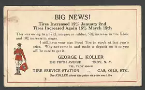 DATIERT 1923 PC GEORGE KELLER REIFENPREISE TROY NY, IN ECKEN GEKNITTERT - Bild 1 von 1