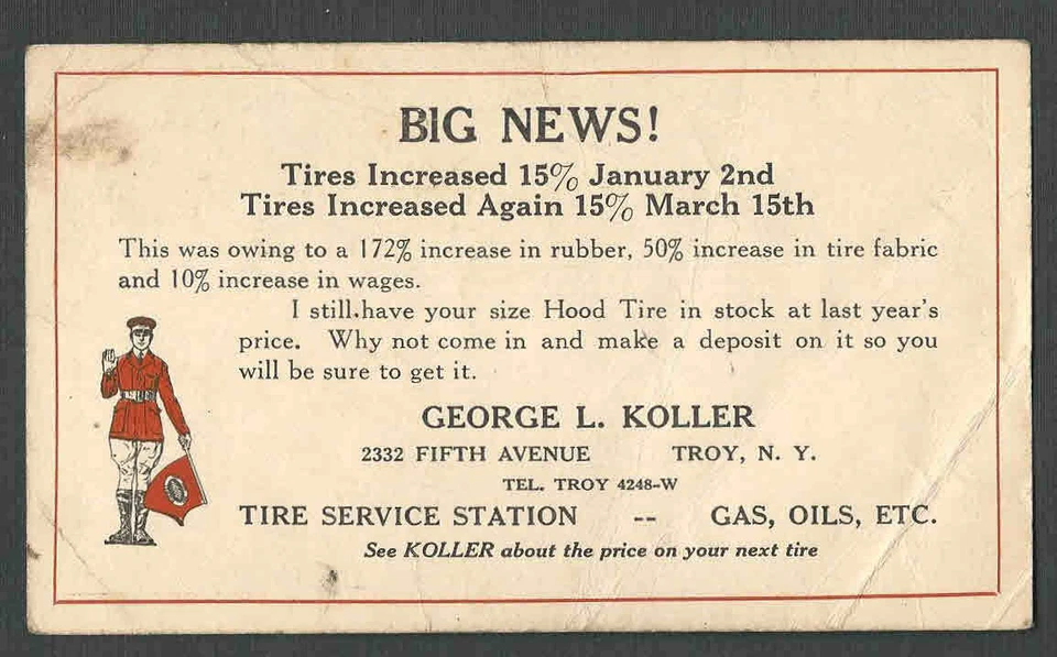 DATED 1923 PC GEORGE KELLER TIRE PRICES TROY NY, CREASED IN CORNERS - Image 1 of 1
