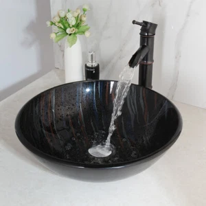 Round Black Rainbow Tempered Glass Bathroom Basin Sink Mixer Tap Waste Drain Set - Picture 1 of 12