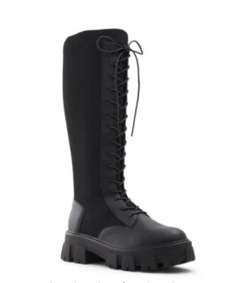 Women Knee High Boots Ladies Chunky Sole Knitted Sock Biker Shoes 5.5 - Image 1 of 4