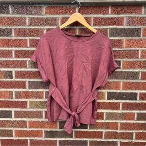 Express Dusty Mauve Pink Belted Front Tie Short Sleeve Crewneck Top - Picture 1 of 4