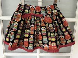 Fun Matryoshka Owl Colorful Day Of The Dead Party Skirt Unique Black 6 7 8 Twirl - Picture 1 of 5