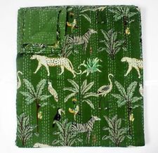 Green Block Jungle Print Kantha Quilt Cotton Throw Indian Handmade King Blanket