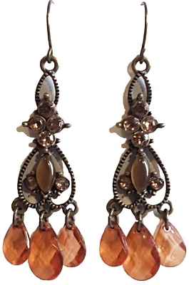Vtg Amber Stone/Glass/ Faux Tiger's Eye Chandelier Hook Costume Fashion Earrings - Imagem 1 de 4