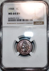 NGC MS-64 BN 1908 Indian Head Cent, Beautifully Toned specimen. - Picture 1 of 2