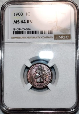 NGC MS-64 BN 1908 Indian Head Cent, Beautifully Toned specimen. - Image 1 of 2