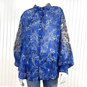 Free People Women's Sz L Button Down Blouse Shirt Paisley Long Sleeve Sheer Boho - Picture 1 of 12