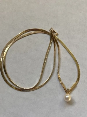 VINTAGE 14k  Pearl Drop DIAMOND Necklace 14k AV  4.2 Grams. 16” - Image 1 of 4