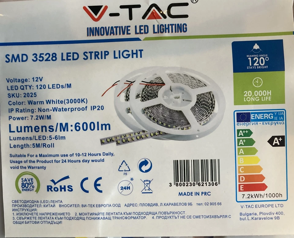 BOBINA STRIP LED SMD3528 5M 12V 3000KBIANCO CALDO 120LED/M IP20 600LUMEN/M A+ - Immagine 1 di 1