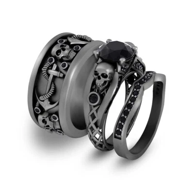 Mesh Design Gothic Skull Engagement Rings Matching Skull Couple Rings In Silver  - Изображение 1 из 4