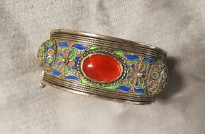 Bracelet kabyle argent massif ethnique/ berbère émaillé pierre cabochon RefV325 - Photo 1/8