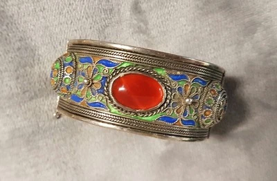 Bracelet kabyle argent massif ethnique/ berbère émaillé pierre cabochon RefV325 - Photo 1/4