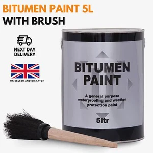 Black Bitumen Paint 5L with Brush Included Outdoor Waterproof Coating Protection - Picture 1 of 9