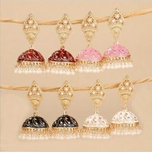 Pendientes colgantes de oro de Bollywood paquistaní indio boho jhumki joyería boda - Imagen 1 de 10