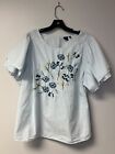 Kaari Blue & White Pin Stripe Peasant Blouse 1X Flutter Sleeve Floral Embroidery