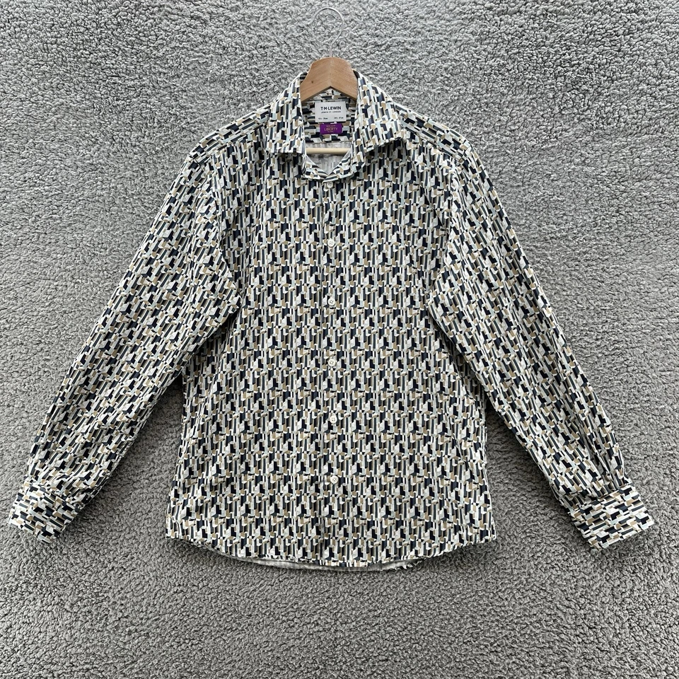 Camisa de vestir TM Lewin Liberty de tela para hombre 15,5 34,5 azul tostado geo abotonada Foto 1 de 4