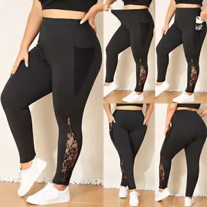 Plus Size Women Lace Stretchy High Waist Leggings Ladies Slim Fit Trousers Pants - Picture 1 of 19