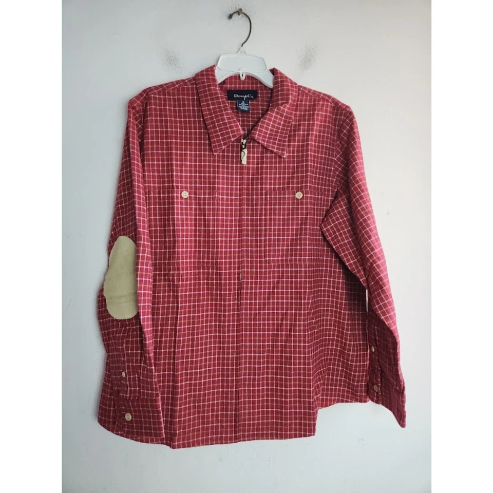 Denim & Co. Mujeres Rojo Blanco Cuadros con Borde de Cuero Cremallera Completa Algodón Chaqueta talla 1X Foto 1 de 4