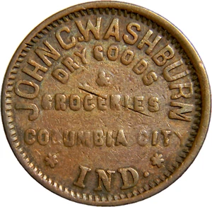 Columbia City IND John C. Washburn Civil War Token  (03255) - Picture 1 of 2