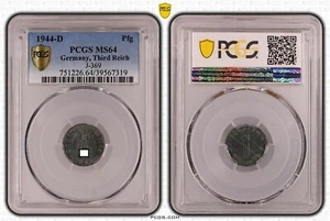 Drittes Reich 1 Pfennig 1944 D prfr.-Stempelglanz PCGS MS64 52525 - Bild 1 von 1