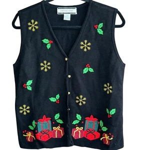 Crystal Kobe Black Embroidered Ugly Christmas Sweater Vest Size Large - Picture 1 of 7
