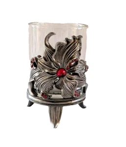 Gothic Votive Candle Holder Metal Flower with Ruby Red Rhinestones Pewter Glass - Picture 1 of 8