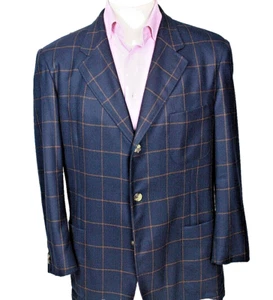 LORA PIANA Men's All Cashmere Blazer Jacket Navy Blue with Red Window Pane 42 - Picture 1 of 12