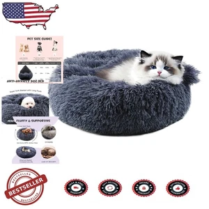 Calming Grey Donut Dog Bed w/Attached Blanket, Washable Plush Pet Haven - Picture 1 of 11