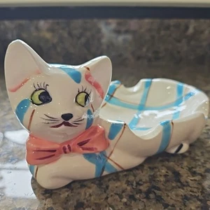 Vintage Tilso ? Blau kariert Katze Katze Rauchen Aschenbecher Japan kitschig süß 3,5"x 7" - Bild 1 von 11