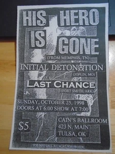 RARE His Hero is Gone 98 tour CONCERT FLYER crust punk Initial Detonation CAIN'S - Bild 1 von 1
